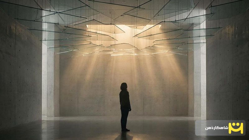 A high-end, conceptual photography of a person’s silhouette standing in a minimalist art gallery.